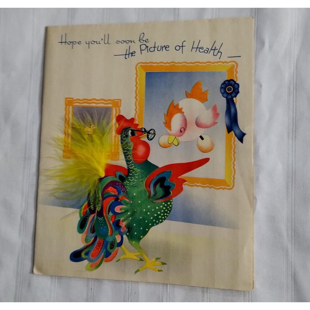 Vintage Gibson Rooster Get Well Card Real Feather Fine Linen Signed T 2201 USA